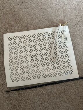 Tory Burch White Laser-Cut Wristlet Clutch with Geometric Pattern